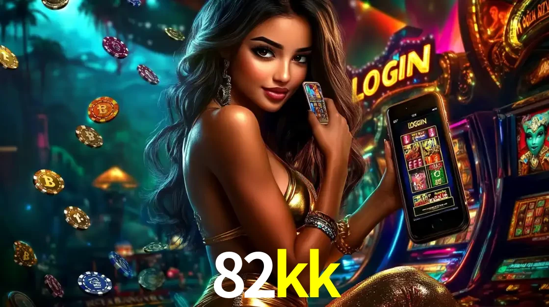 Mulher em um cenário de cassino temático de aventura, mostrando o app de caça-níqueis da 82kk no celular. Fichas de apostas flutuam ao redor.