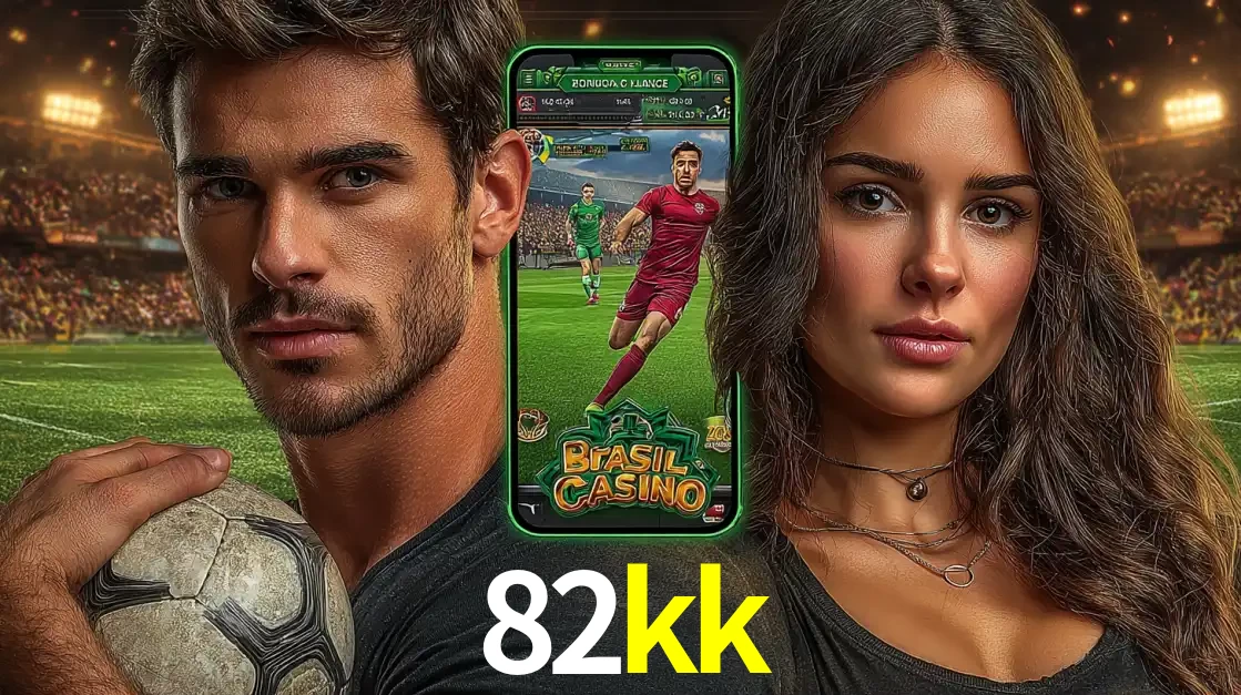 Homem segurando uma bola de futebol e uma mulher ao lado de um smartphone exibindo o jogo de apostas esportivas da 82kk. Faça seu palpite no cassino online.